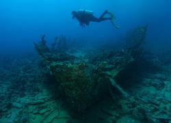 Diver swims over an old shipwreck.