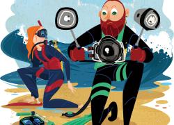 Scuba divers encounter rising waves while exiting a shore dive