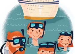 Family scuba diving cruise illustration