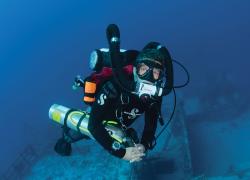 A diver using a rebreather