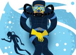 Drysuit scuba diver has a leak illustration