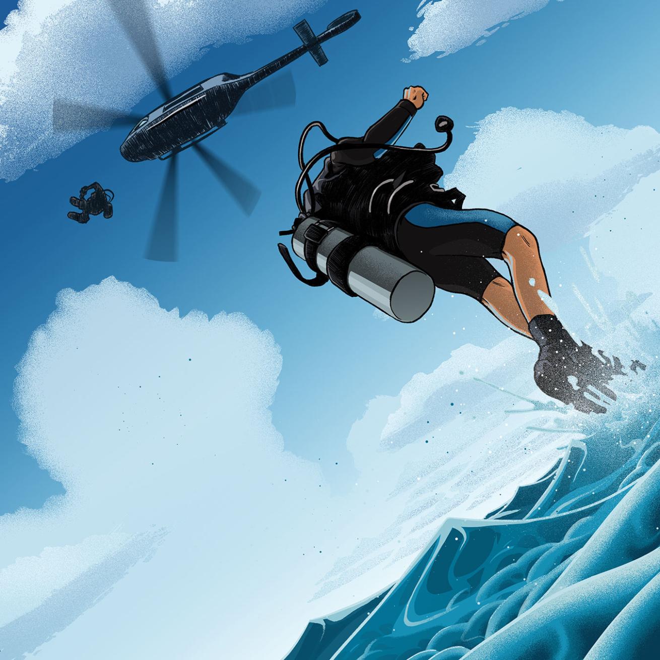 Illustration Scuba Diver Jumping from Helicopter